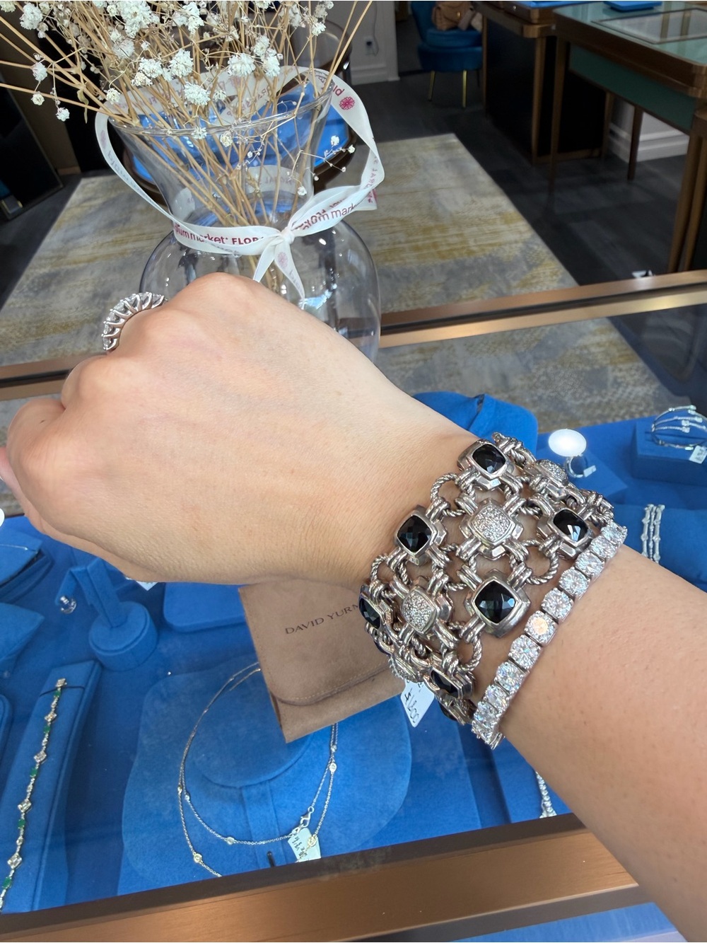 DAVID YURMAN 3 ROW RENAISSANCE LINK BRACELET WITH BLACK ONYX AND DIAMONDS
